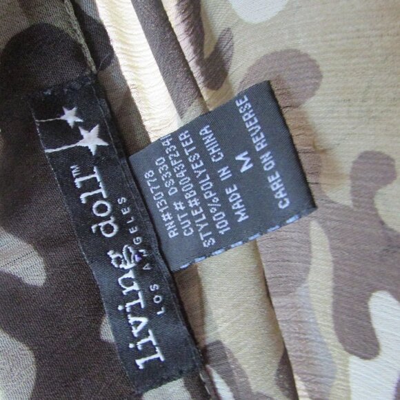 Living Doll Sheer Blouse Shirt M Button Up Camo Green Brown - Picture 12 of 12